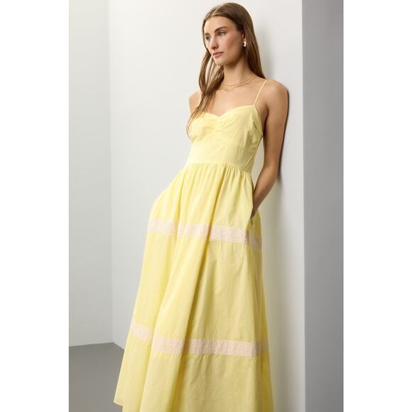 JASON WU COLLECTIVE Yellow 100% Cotton Lace Square Neckline Midi Dress Size 10 - Picture 1 of 14